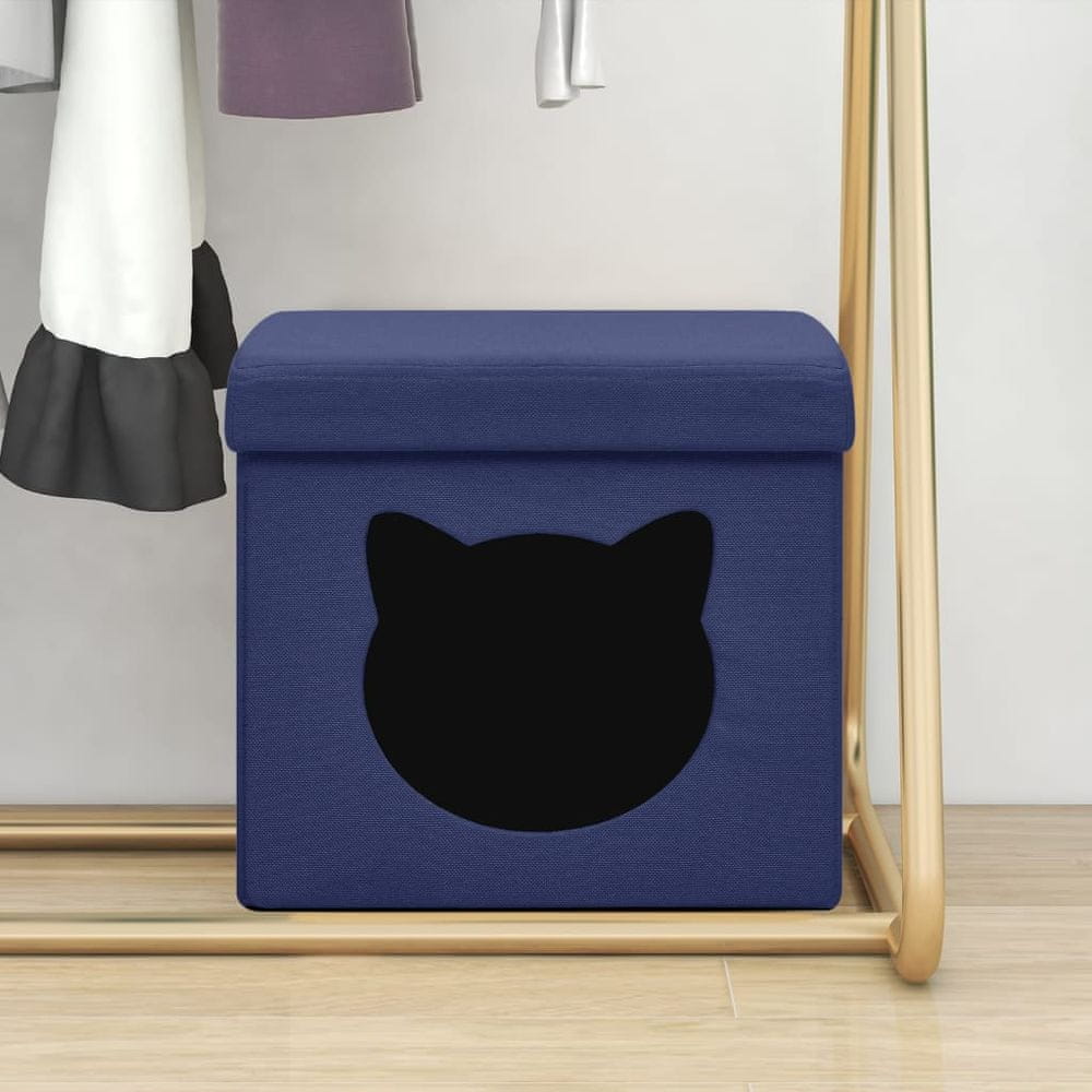 Vidaxl Skladacia stolička s úložným priestorom a mačkou, modrá, látka