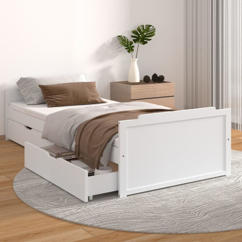 Vidaxl Rám postele so zásuvkami, biely, borovicové drevo, 90 x 200 cm