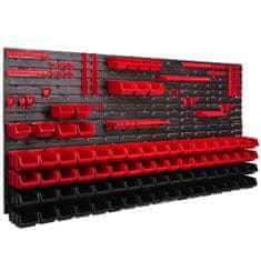 Nástenný panel na náradie 173 x 78 cm XL s 81 ks. Krabic zavesené Červené a Čierne Boxy plastová