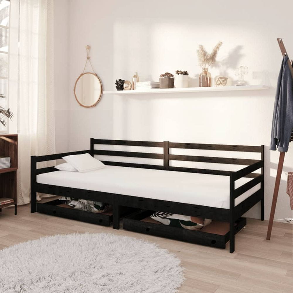 Vidaxl Denná posteľ so zásuvkami 90x200 cm čierna borovicové drevo