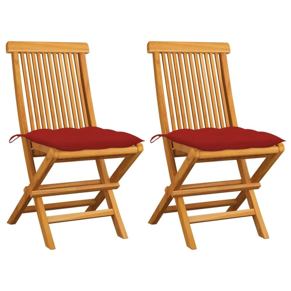 Vidaxl Záhradné stoličky s červenými podložkami 2 ks tíkový masív