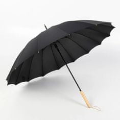 Trstinový dáždnik s rovnou drevenou rukoväťou so 16 lúčmi, čierna