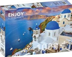 ENJOY Puzzle Santorini: Výhľad s loďami, Grécko 1000 dielikov