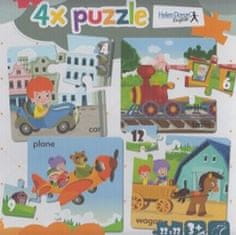 4x puzzle Auto, vlak, lietadlo, vagón
