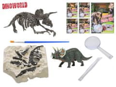 Mikro Trading Dinoworld dinosaurus 12 cm a skamenelina v sadre s dlátom, lupou a štetcom v krabici