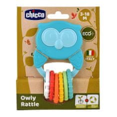 Chicco Hryzátko s hrkálkou so senzorickými krúžkami Eco+ Sova Owly 3m+