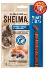 SHELMA Snack mačka bezobilné mäsové tyčinky pstruh 30×15 g EXPIRÁCIA 1.10.2023