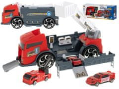 Ikonka Transportér TIR 2v1 parkovacia garáž hasiči + 3 autá červená