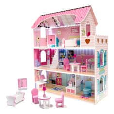 Ikonka MDF drevený domček pre bábiky + nábytok 70cm ružový LED