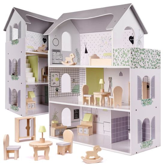 Ikonka Drevený domček pre bábiky + nábytok 70cm sivý