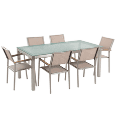 Beliani Sada záhradného nábytku stôl s bielou sklenenou doskou 180 x 90 cm 6 béžových stoličiek GROSSETO