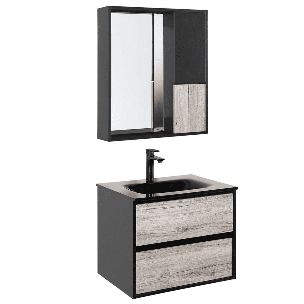 Beliani Súprava kúpeľňového nábytku so zrkadlovou skrinkou 60 cm svetlé drevo/čierna TERUEL