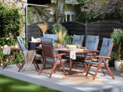 Beliani 6 miestna záhradná sada z akáciového dreva stôl a stoličky s modrými vankúšmi TOSCANA