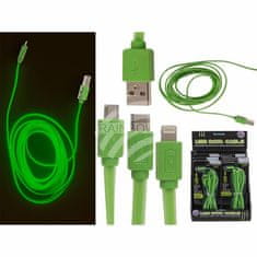 Popron.cz Svietiaci zelený USB kábel pre Iphone, typ C a Micro