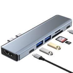 Tech-protect V5 HUB adaptér 2x USB / 2x USB-C / HDMI / SD / Micro SD / TF, sivý