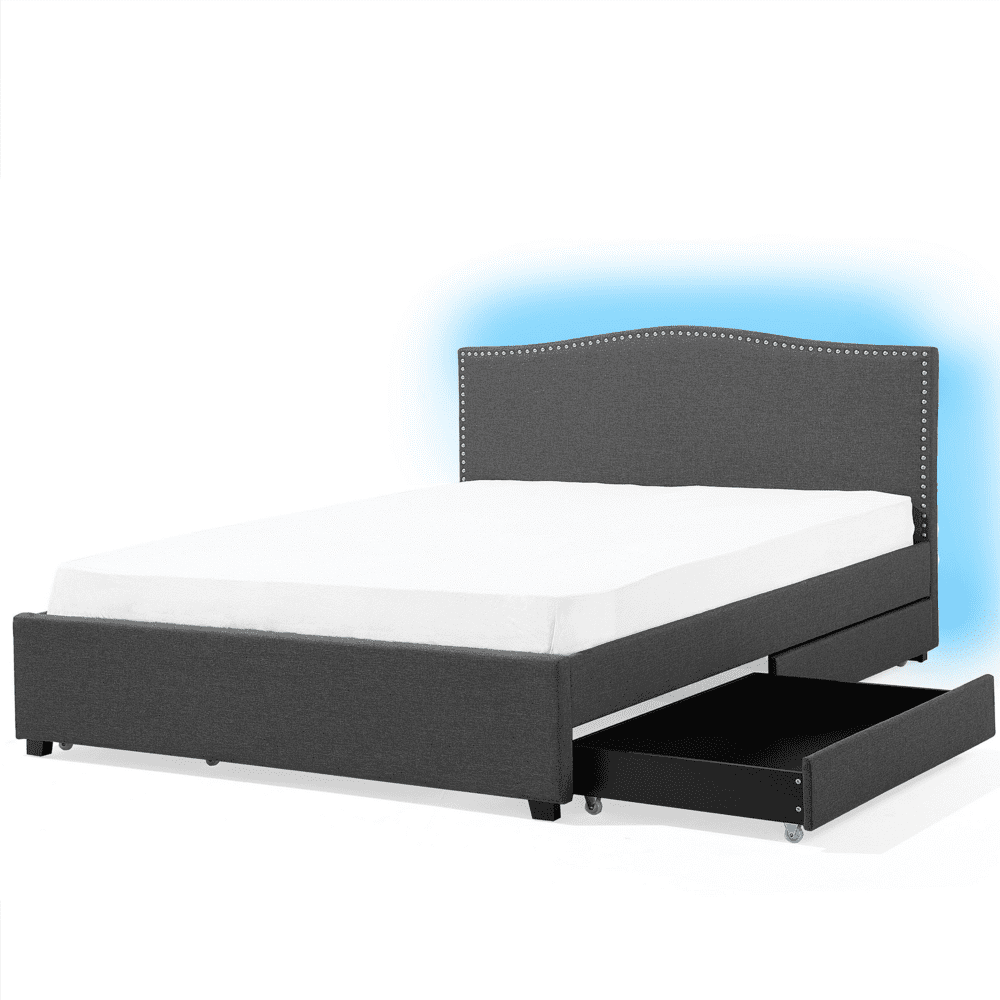 Beliani Čalúnená posteľ s úložným priestorom a farebným LED osvetlením 160 x 200 cm sivá MONTPELLIER