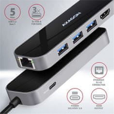 AXAGON multifunkční HUB 6v1 USB 3.2 Gen 1, 3x USB-A, HDMI, RJ-45 GLAN, PD 60W, kábel USB-C 20cm