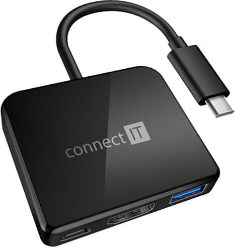 Connect IT externí USB-C hub 3v1, 1xUSB-C, 1xUSB 3.2, HDMI 1.4, 4K@30Hz, PD 2.0, 60W, čierna