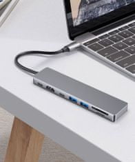FIXED USB-C hliníkový hub 7v1, PD, 2x USB 3.0, HDMI, USB-C, čítačka SD kariet, šedá