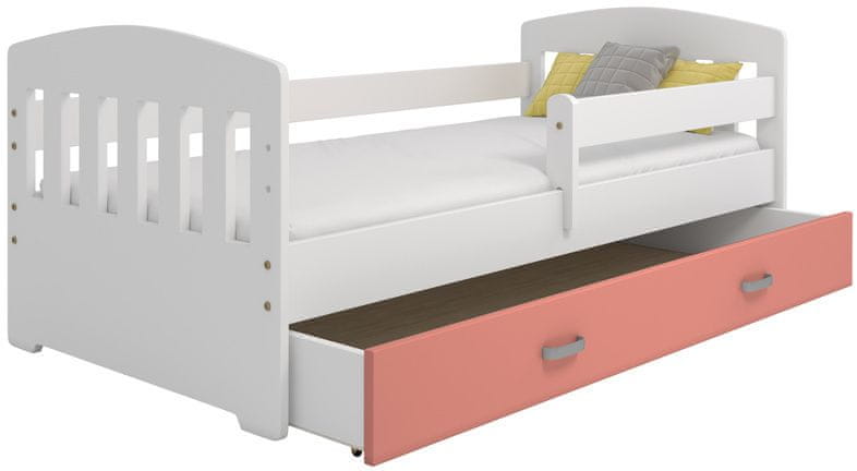 eoshop Detská posteľ Miki 80x160 B6, biela / ružová + rošt, matracu, úložný priestor