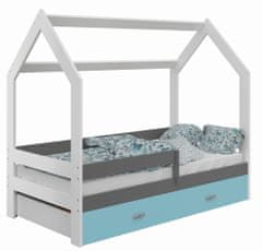 eoshop Detská posteľ Domček 80x160 cm D3, rošt ZADARMO - biela (Voľba matracu: Bez matraca, Farba úložného priestoru: Modrá, Farba zábrany: Šedá)