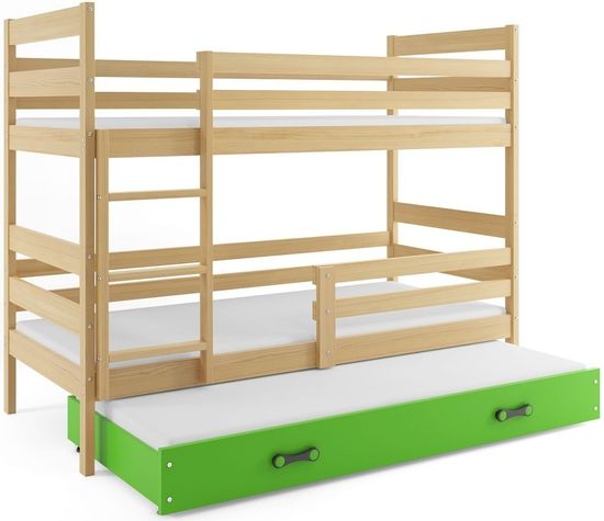 eoshop Poschodová posteľ s prístelkou ERYK 3 90x200 cm, borovica/zelená
