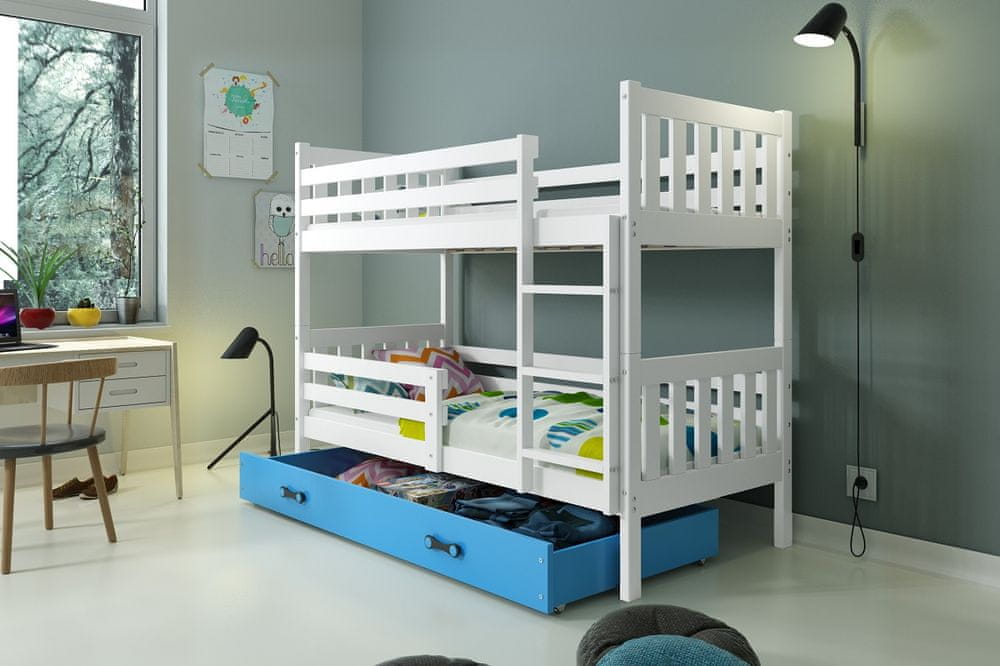 eoshop Poschodová posteľ Carino - 2 osoby 80x190 s úložným priestorom - Biela, Modrá