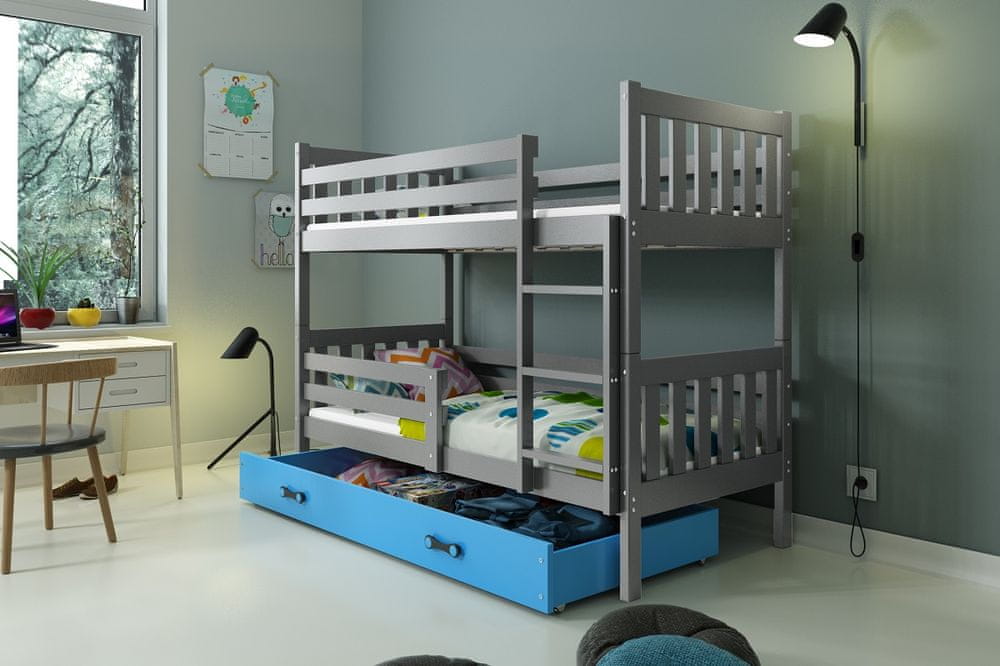 eoshop Poschodová posteľ Carino - 2 osoby 80x190 s úložným priestorom - Grafitová, Modrá