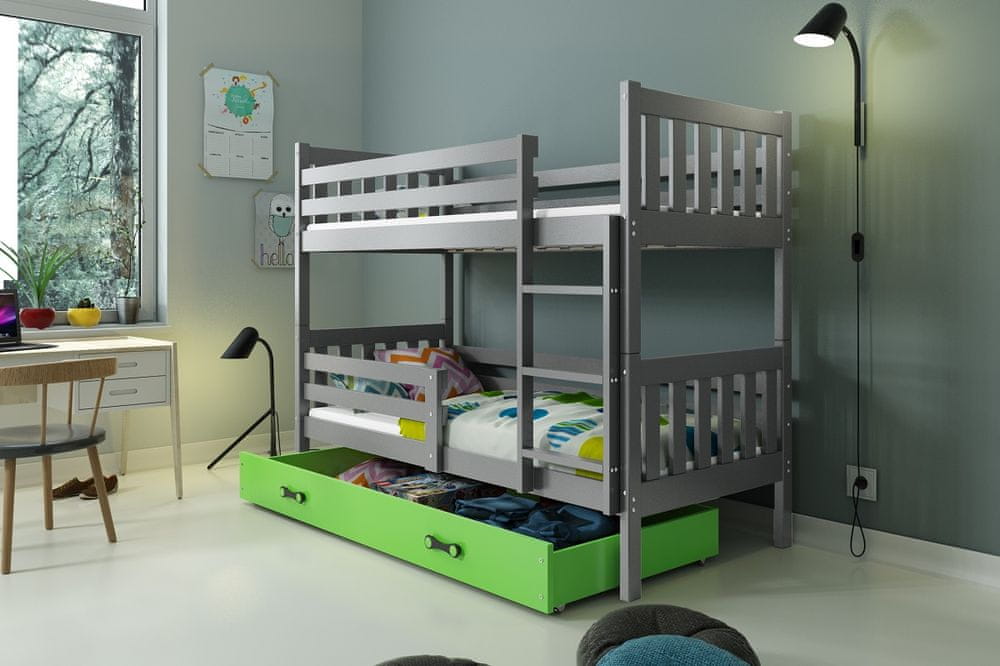 eoshop Poschodová posteľ Carino - 2 osoby 80x190 s úložným priestorom - Grafitová, Zelená