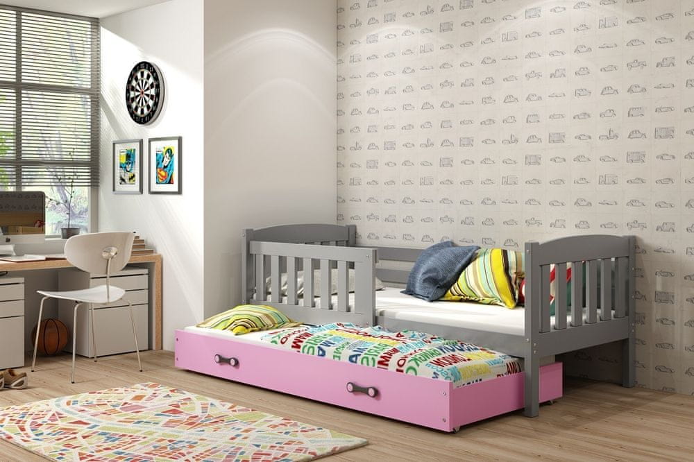 eoshop Detská posteľ Kubus - 2 osoby, 80x190 s výsuvnou prístelkou - Grafit, Ružová