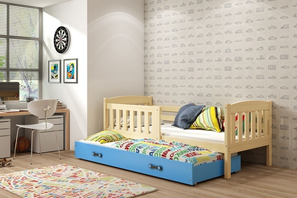 eoshop Detská posteľ Kubus - 2 osoby, 80x190 s výsuvnou prístelkou - Borovica, Modrá