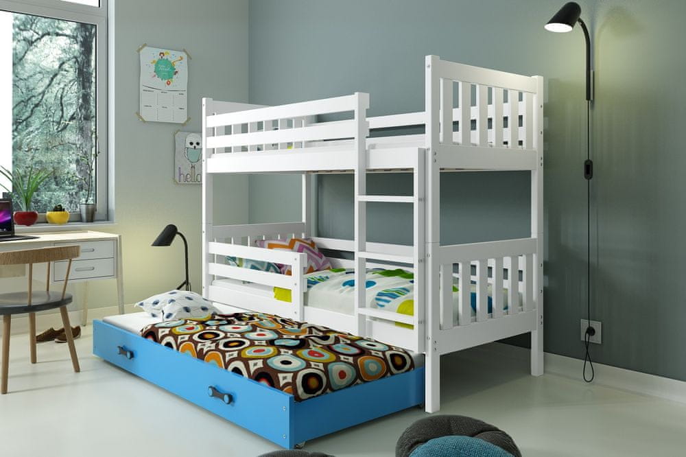 eoshop Detská poschodová posteľ Carino - 3 sosoby 80x190 s výsuvnou prístelkou - Biela, Modrá