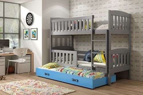 eoshop Detská poschodová posteľ Kubus - 3 osoby, 80x190 s výsuvnou prístelkou - Grafitová, Modrá