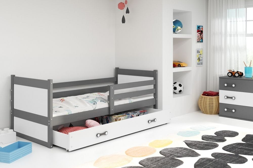 eoshop Detská posteľ Rico 1 80x190, s úložným priestorom - 1 osoba - Grafit, Biela