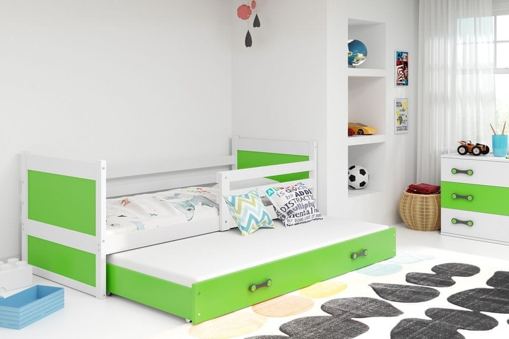 eoshop Detská posteľ Rico - 2 osoby, 80x190 s výsuvnou prístelkou - Biela, Zelená