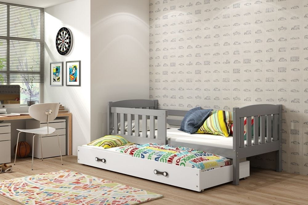 eoshop Detská posteľ Kubus - 2 osoby, 90x200 s výsuvnou prístelkou - Grafit, biela