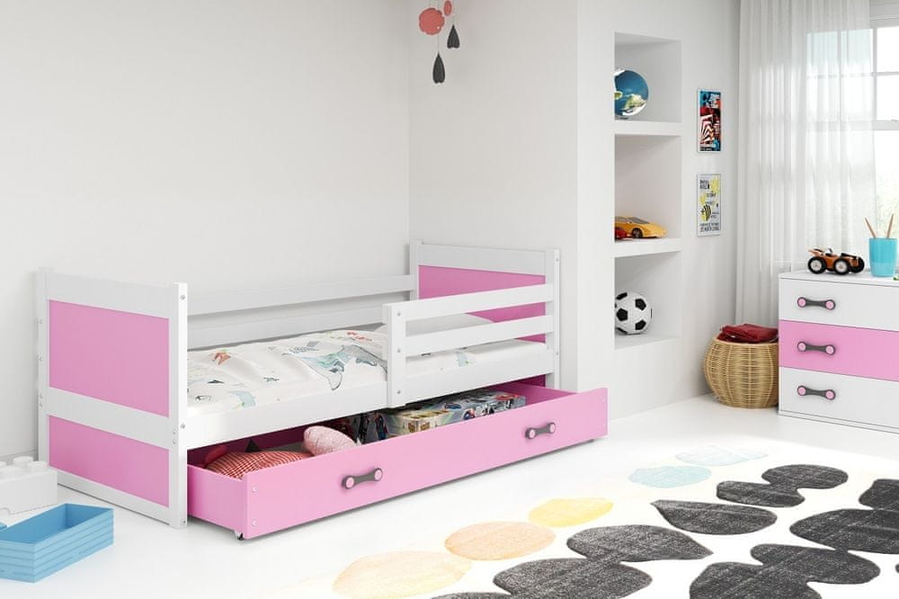 eoshop Detská posteľ Rico 1 90x200, s úložným priestorom - 1 osoba - Biela, Ružová