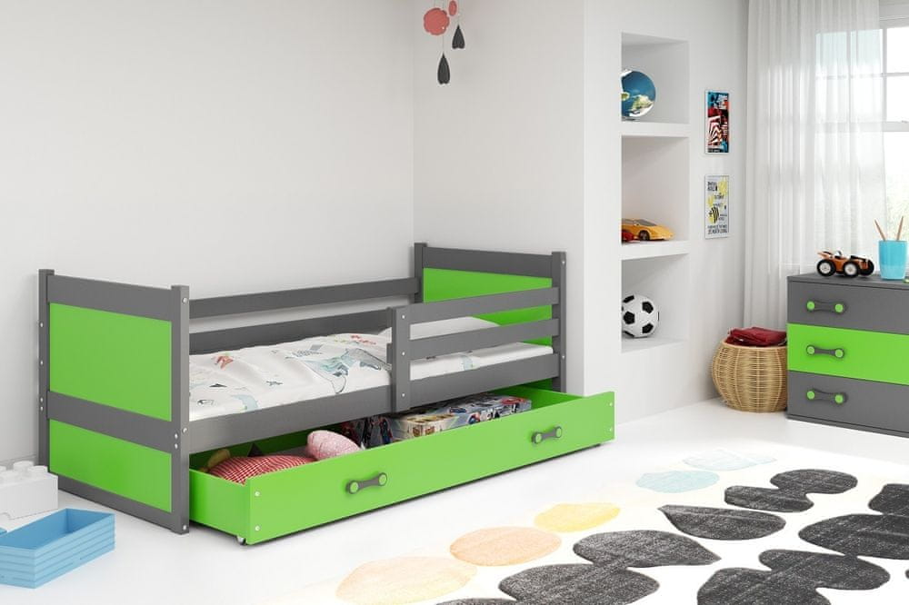 eoshop Detská posteľ Rico 1 90x200, s úložným priestorom - 1 osoba - Grafit, Zelená