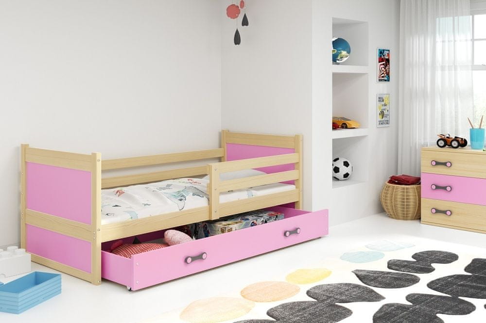 eoshop Detská posteľ Rico 1 90x200, s úložným priestorom - 1 osoba - Borovica, Ružová