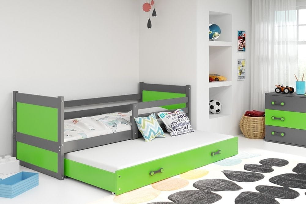 eoshop Detská posteľ Rico - 2 osoby, 90x200 s výsuvnou prístelkou - Grafit, Zelená
