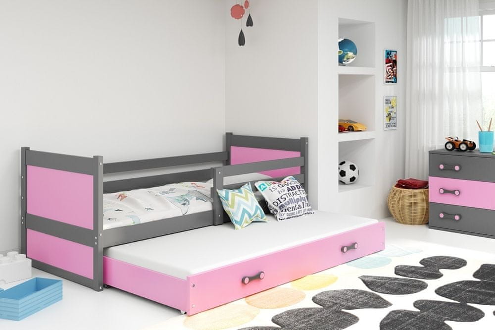 eoshop Detská posteľ Rico - 2 osoby, 80x190 s výsuvnou prístelkou - Grafit, Ružová