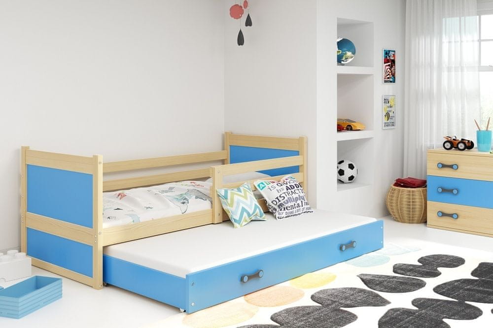 eoshop Detská posteľ Rico - 2 osoby, 80x190 s výsuvnou prístelkou - Borovica, Modrá
