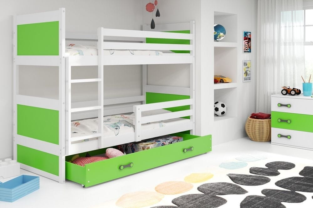 eoshop Detská poschodová posteľ Rico - 2 osoby, 80x160 s úložným priestorom - Biela, Zelená