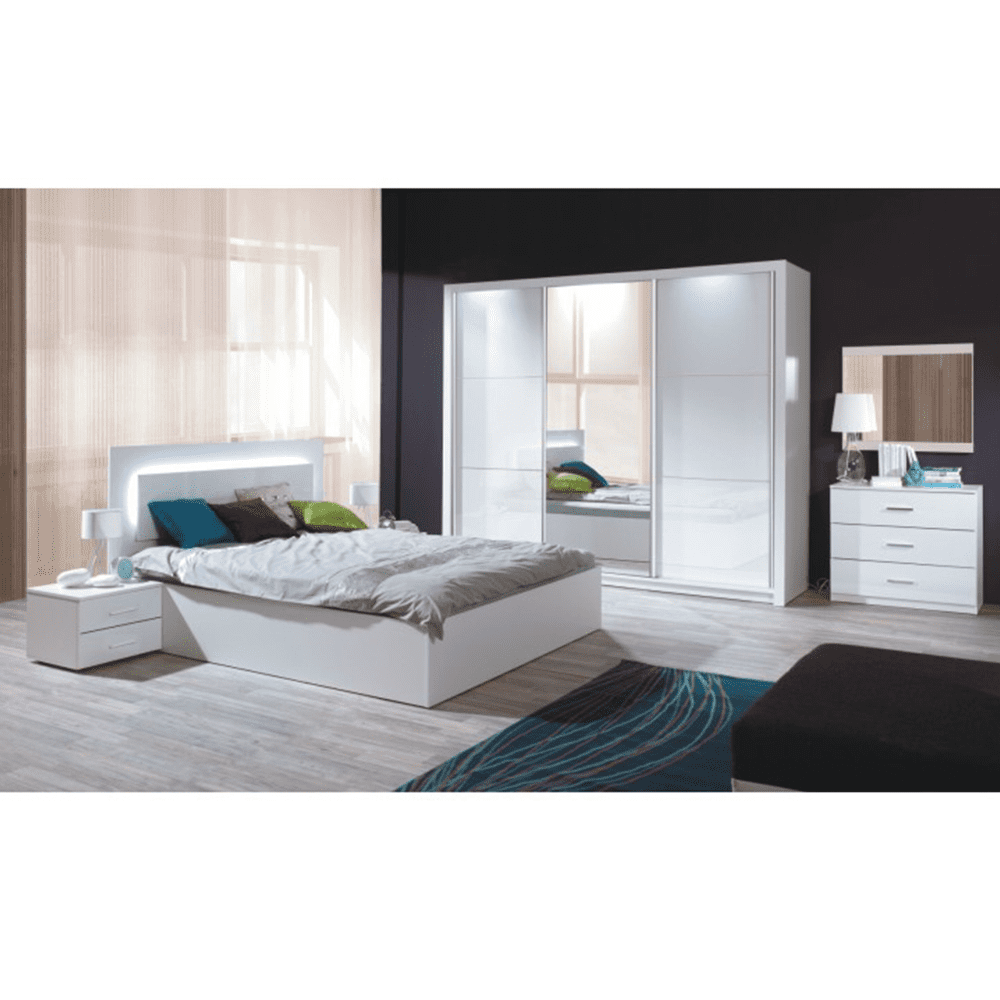 KONDELA Spálňový komplet (skriňa + posteľ 160x200+2 x nočné stolík), biela / vysoký biely lesk HG, ASIENA