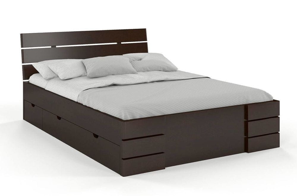 eoshop Drevená posteľ so šuplíkmi Sandemo High Drawers, borovica (Rozmer: 180x200 cm, Farba: Palisander)