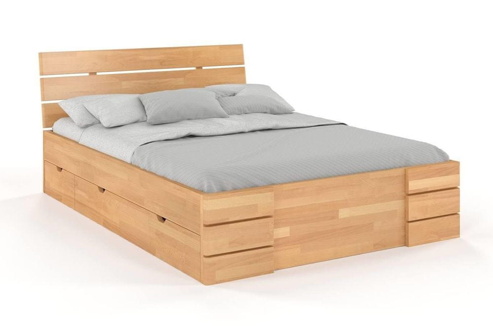 eoshop Drevená posteľ so šuplíkmi Sandemo High Drawers, buk (Rozmer: 180x200 cm, Farba: Prírodná)