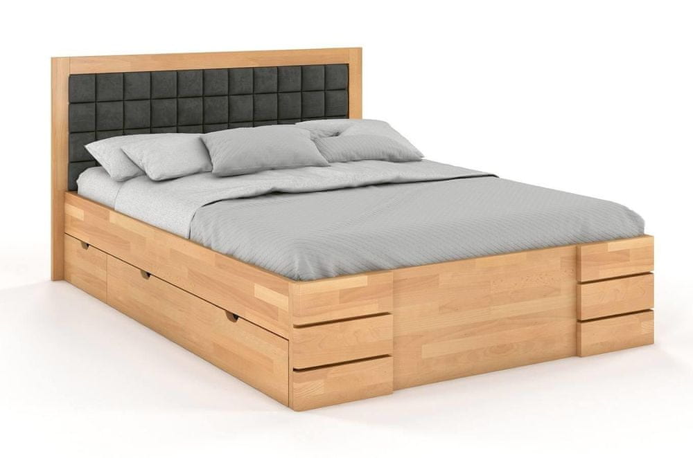 eoshop Čalúnená posteľ Gotland High Drawers s úložným priestorom, buk (Rozmer: 200x200 cm, Farba dreva: Prírodné, Farba látky: Casablanca 2301)