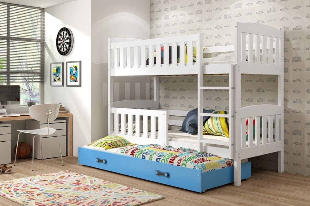 eoshop Detská poschodová posteľ Kubus - 3 osoby, 80x190 s výsuvnou prístelkou - Biela, Modrá