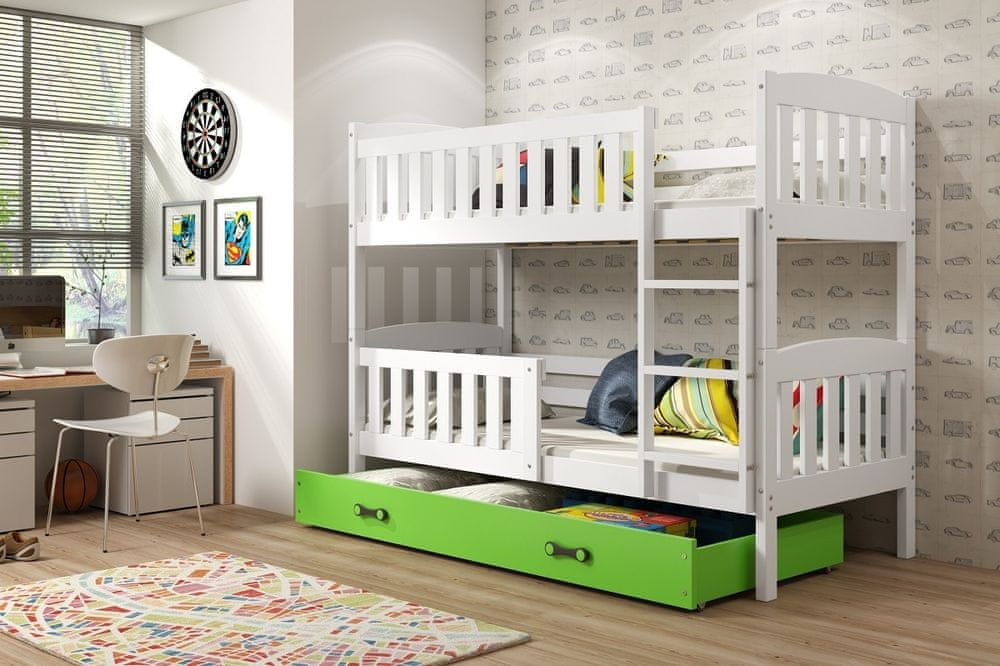 eoshop Detská poschodová posteľ Kubus - 2 osoby, 90x200 s úložným priestorom - Biela, Zelená