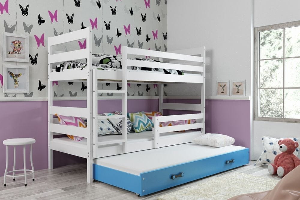 eoshop Detská poschodová posteľ Eryk - 3 osoby, 80x160 s výsuvnou prístelkou - Biela, Modrá